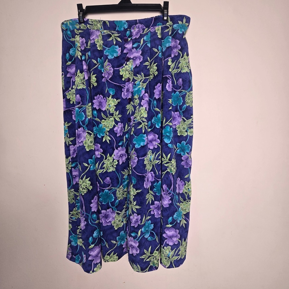 Vintage 90s Grandma Floral Midi Skirt Blue Purple Faux Button Size 16